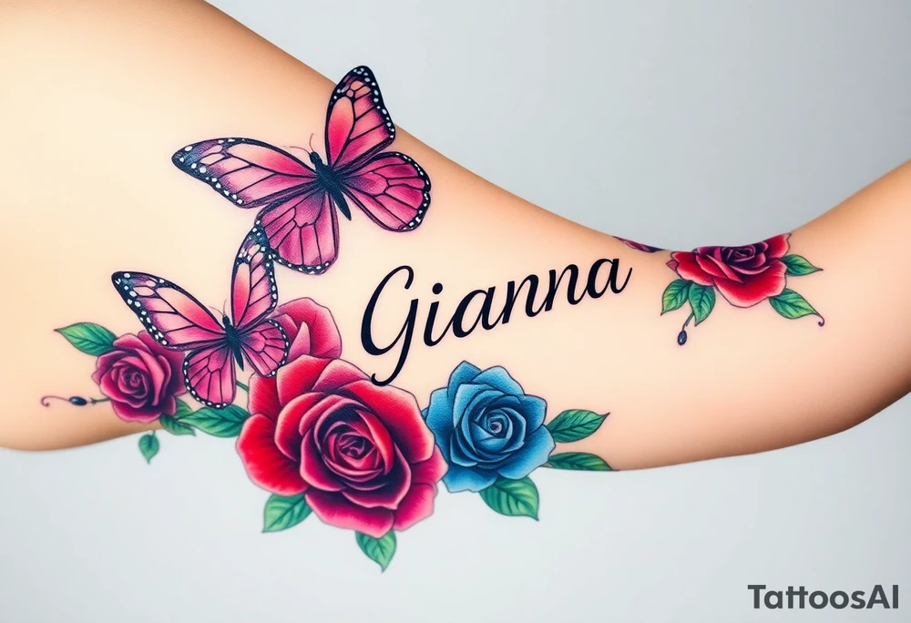 Beautiful butterflies surrounded by red purple, blue and green roses with the name Gianna tattoo idea