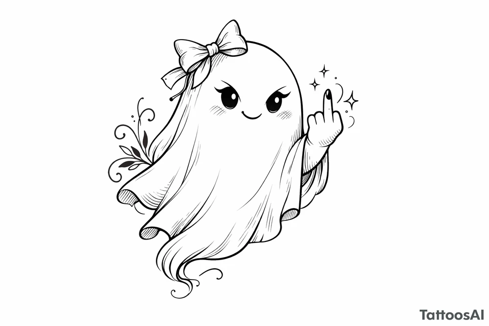 A playful ghost, adorned with a bow, giving the middle finger. tattoo idea