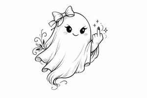 A playful ghost, adorned with a bow, giving the middle finger. tattoo idea