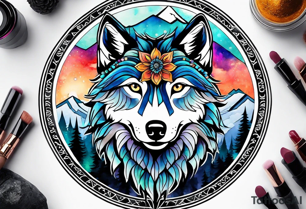 A whimsical wolf tattoo featuring mandala or dream catcher elements, with the wolf as the central focus, surrounded by mountains in the background. Include flowers and nature elements to fill the space around the wolf. tattoo idea