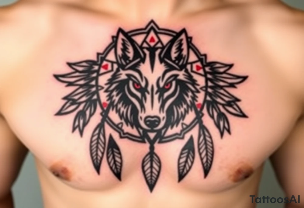 A symmetrical tribal wolf head inside a dreamcatcher, with feather patterns forming geometric shapes around it. The design is rendered in black ink with accents of red for the eyes and white in the feathers tattoo idea