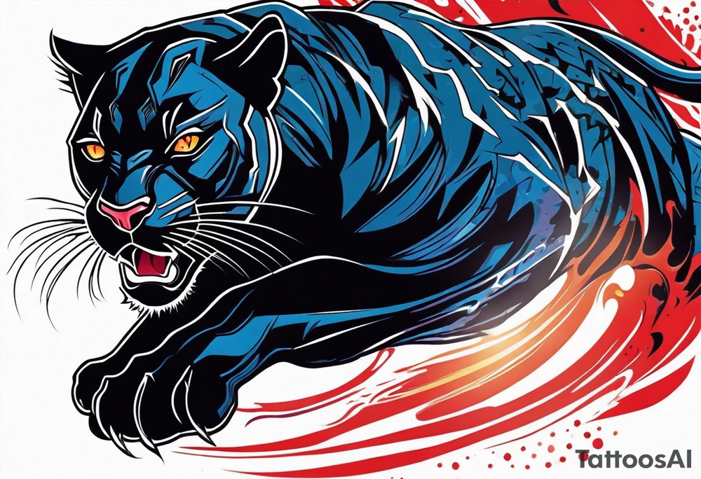 unique black panther tattoo, dynamic pose, showcasing its strength and grace, striking red eyes, intense and captivating elements, artistic flair, blending realism with abstract elements tattoo idea