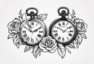 Two pocket watches linked together by a chain spelling "Lyv". Roses and lilies in the background tattoo idea