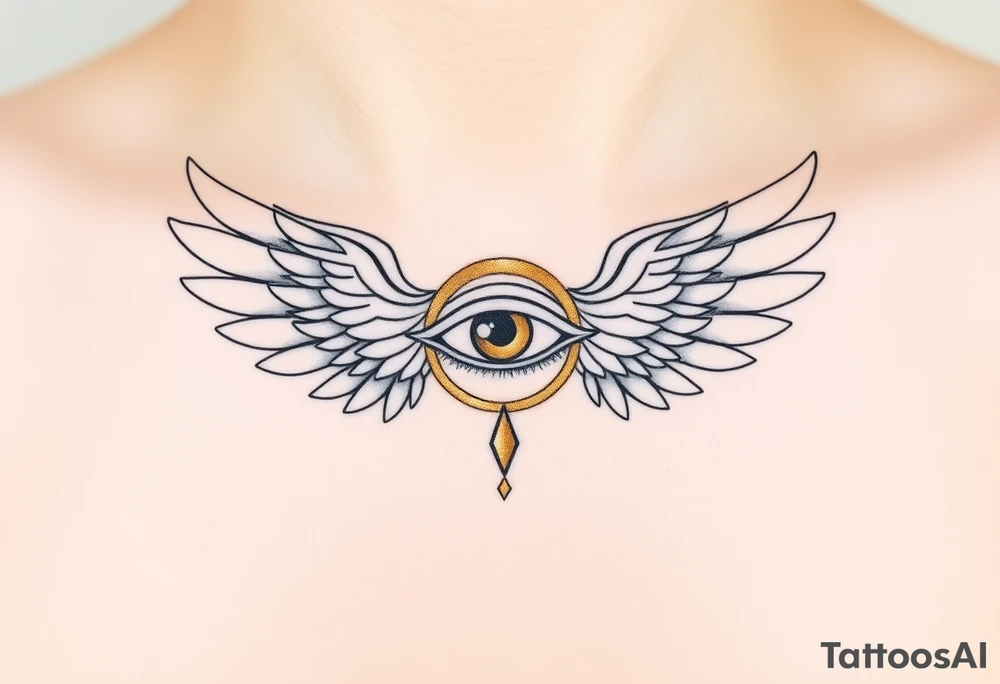 A divine Eye of Horus surrounded by angelic wings, in soft gold and pearl white, symbolizing celestial guidance tattoo idea