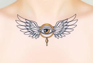 A divine Eye of Horus surrounded by angelic wings, in soft gold and pearl white, symbolizing celestial guidance tattoo idea