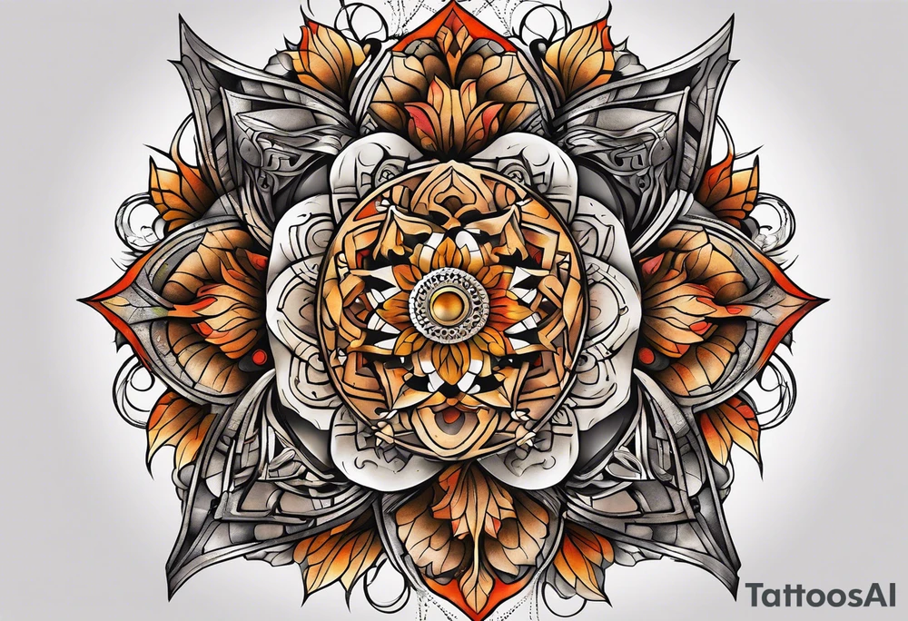 front knee tattoo with sacred geometry, swirls & washes, background and in fall colors tattoo idea