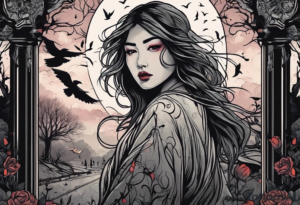 Courageous Woman with a tear running down her face walking out of a graveyard  leaving her old terrifying, scary, violent past behind her ethereal and mysterious tattoo idea