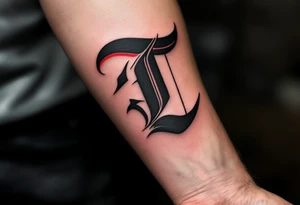 A bold black Gothic "T" with sharp serifs and subtle red shadowing. tattoo idea
