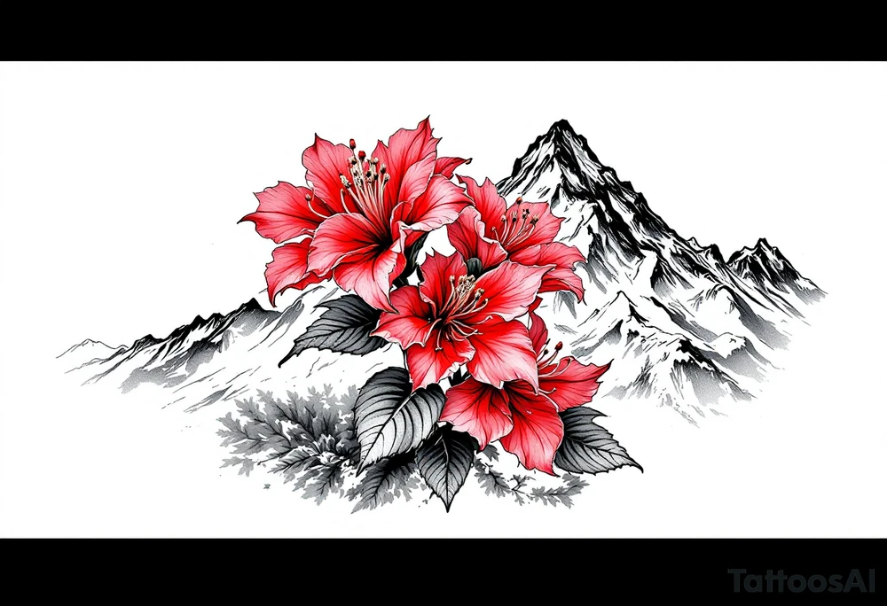 wrist size red  and black rhododendron trippy with Himalayas behind tattoo idea