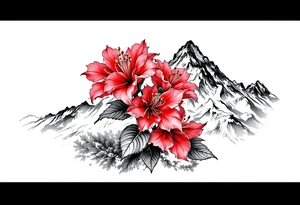 wrist size red  and black rhododendron trippy with Himalayas behind tattoo idea