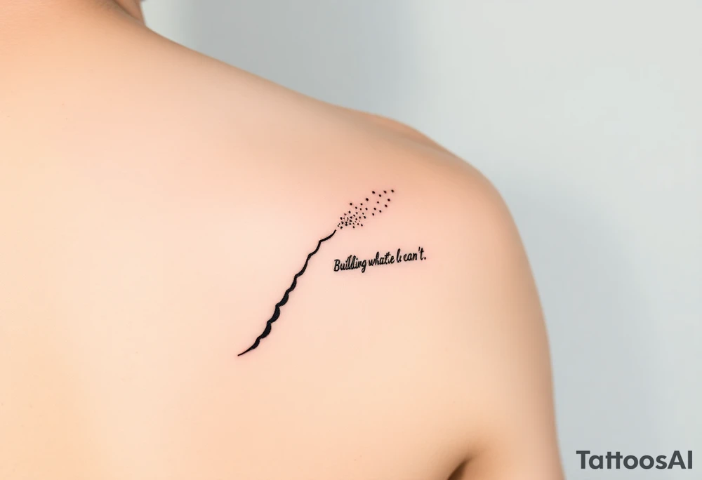 inimalist black-ink forearm tattoo symbolizing father and son, legacy, and continuation of unfinished dreams. Design features a single, rising abstract line or path starting faint/fragmented at the bottom (representing the father’s unfinished work) and growing solid and strong as it rises (representing the son carrying the legacy forward). Include subtle particle-like lines or dots flowing upward along the path, symbolizing the father’s presence and guidance. Optionally, integrate small, elegant text: “Building what he couldn’t”. Style: clean, minimalistic, fine-line black ink only, simple but meaningful composition for forearm placement, focusing on legacy, guidance, and emotional depth. tattoo idea