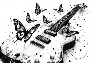 An electric guitar plugged into an amp with 5 butterflies flying around tattoo idea