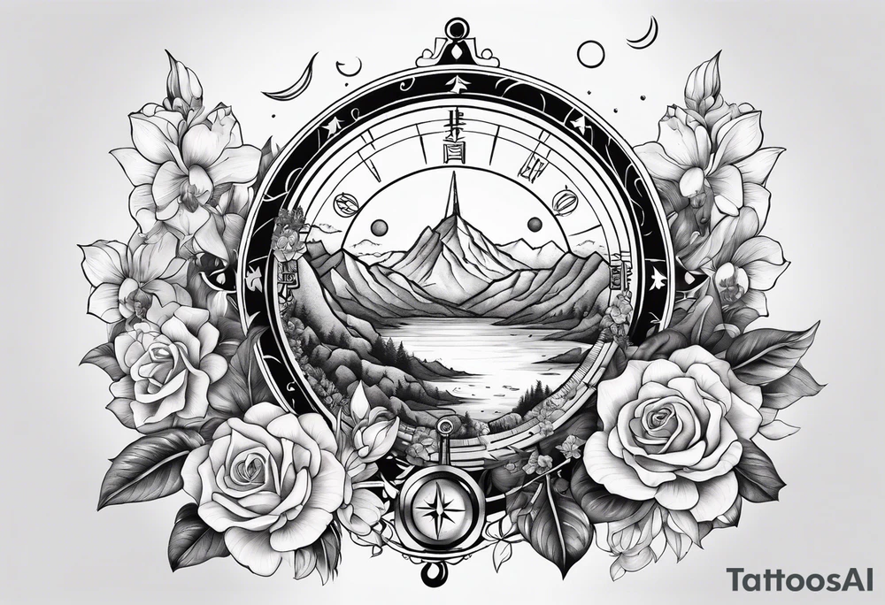 Compass with mountains and moons and flowers like roses or orchids tattoo idea