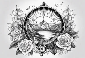 Compass with mountains and moons and flowers like roses or orchids tattoo idea