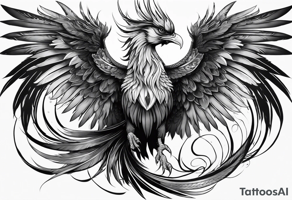 asian elegant long feathered phoenix
with a long neck, with short wings, majestic tattoo idea