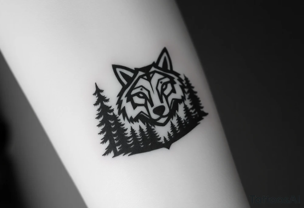 Dark wooded area with a large wolf head over the treeline tattoo idea