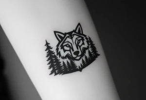 Dark wooded area with a large wolf head over the treeline tattoo idea