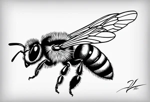 flying bee flying, side view, "10X" text below it, flying bee, bee in flight tattoo idea
