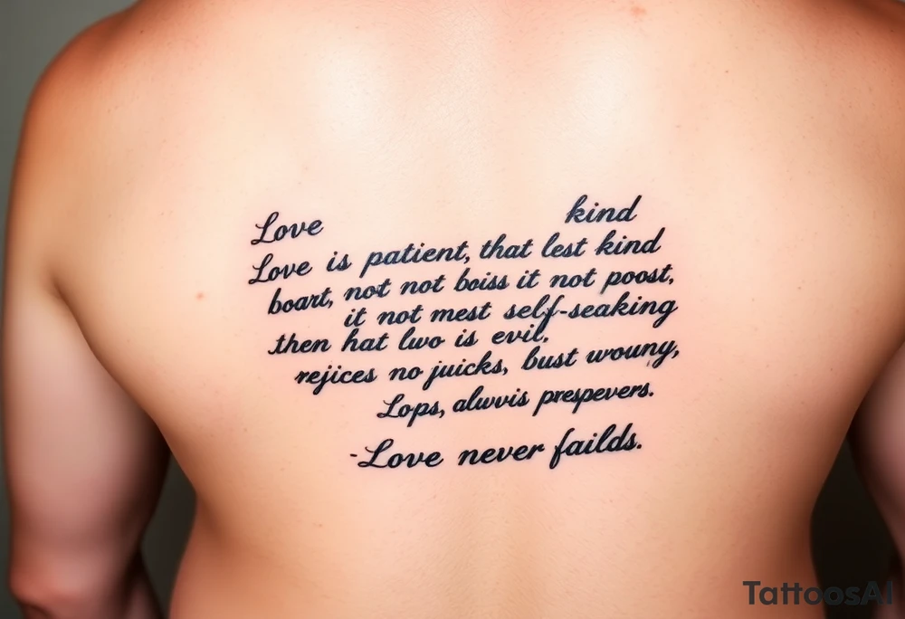 A handwritten tattoo above a man's right hip that takes up about 1/2 of his waist without coming close to his navel that reads,
Love is patient, love is kind. It does not envy, it does not boast, 
it is not proud. It does not dishonor others, it is not self-seeking, 
it is not quick to anger, it keeps no record of wrongs.
Love does not delight in evil but rejoices with the truth. 
It always protects, always trusts, always hopes, always perseveres.
Love never fails.


8 Love never fails." tattoo idea