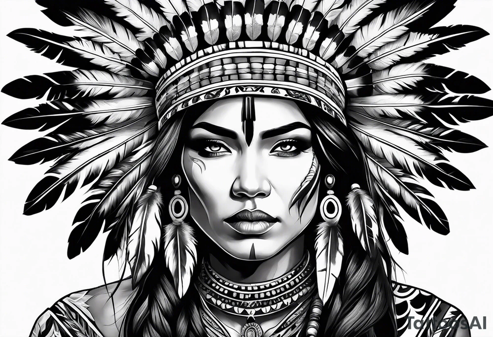 Native American woman chief with skulls tattoo idea