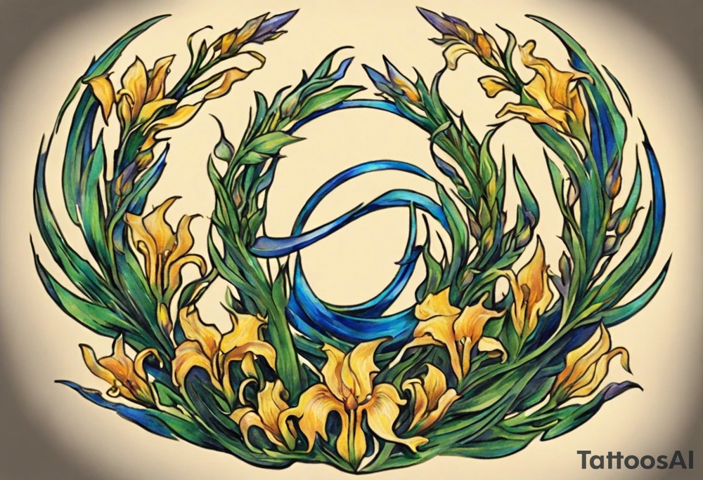 Create a colorful Vincent van Gogh Irises tattoo with Athena's shield and spear. The tattoo should take the form of a crescent, with vines gracefully intertwining at a central point in the middle of the wreath. Ensure that the design avoids the appearance of a bush and maintains a more structured and deliberate arrangement. The intended placement is on the upper chest. The overall design should be small in size while maintaining a delicate and artistic aesthetic. Pay attention to the graceful flow of the vines and the placement of the irises to achieve a refined and elegant look. tattoo idea