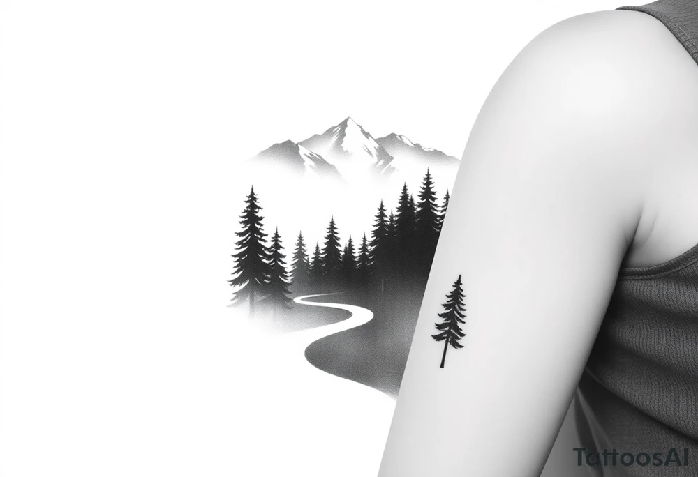 Winding path fading into misty forest, re-emerging toward distant mountains. Dark trees, bright peaks. Black and white, minimalist tattoo idea