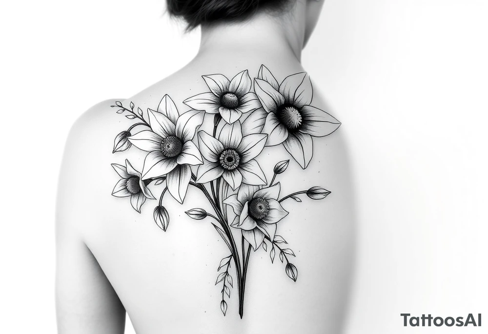 realistic daisies, daffodils, lily of the valley covering upper arm for woman tattoo idea