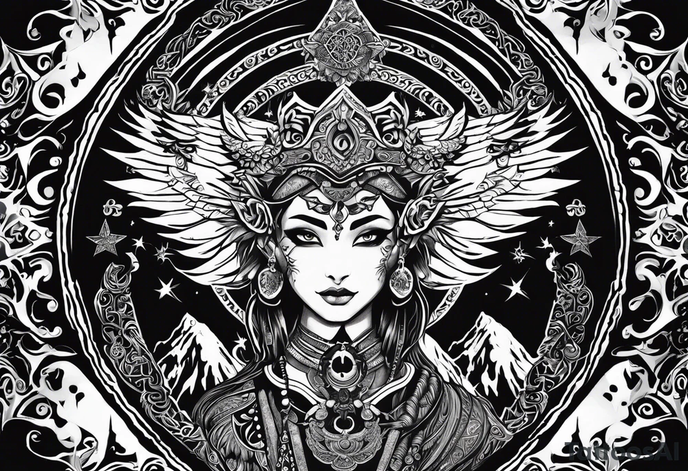 black kali, goddess pirate, alien, angel, pachamama, valkrye, warrior, flying, skull, lotus azul, wing, eagle, zenza resonance, stars, 5D, anahata chakra, death, durga, riding on a tiger, flying lady tattoo idea