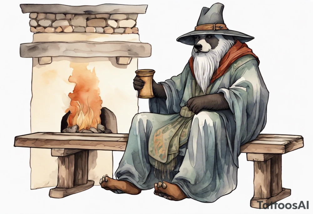 a medieval bear-human hybrid with a long grey beard wearing a tunic and a floppy hat sitting on a bench by a fireplace drinking from a wood cup tattoo idea