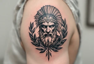 mythological Rome fighter  that come down an arrow and surrounded by a olive tree leaf around tattoo idea