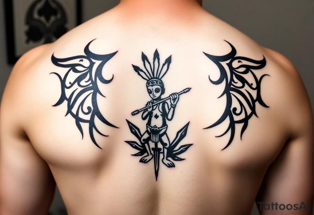 cactus in the middle
kokopelli playing flute in front ot cactus tattoo idea