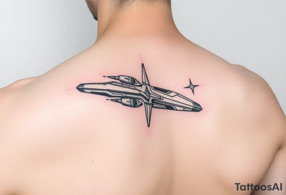 Shoulder tattoo of a spaceship and a star. tattoo idea