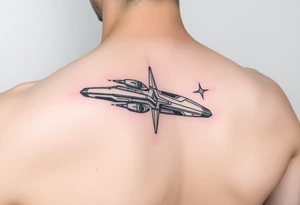 Shoulder tattoo of a spaceship and a star. tattoo idea