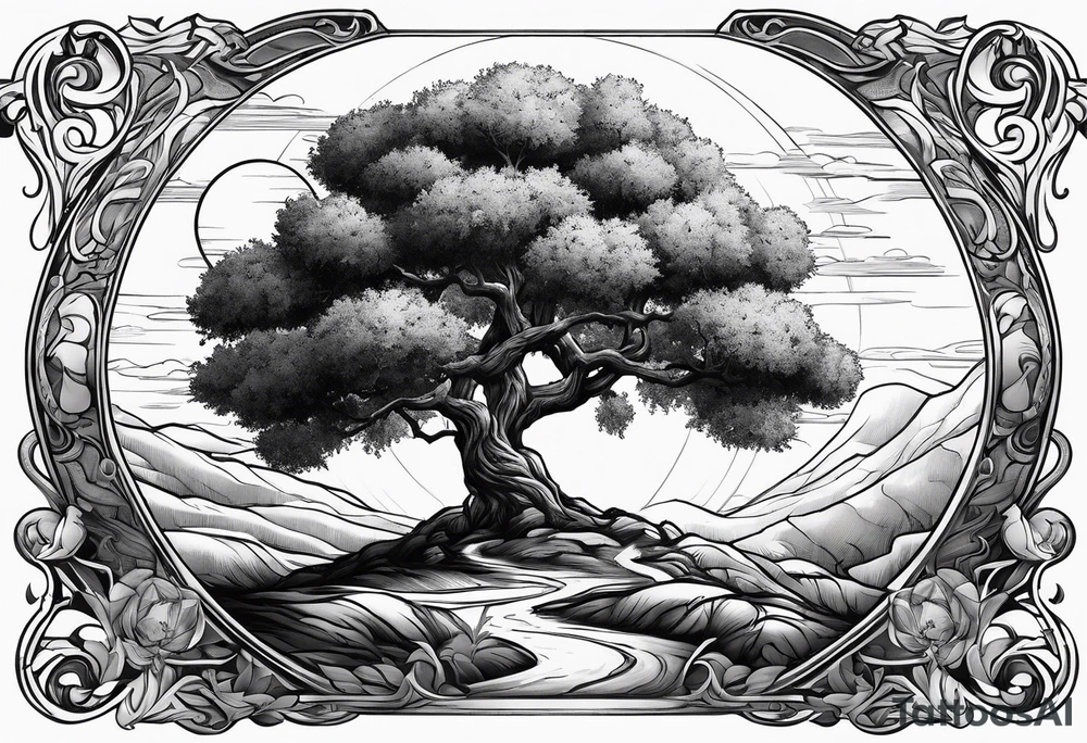 an olive tree and Saturn raising behind it tattoo idea