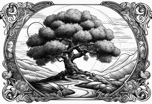 an olive tree and Saturn raising behind it tattoo idea