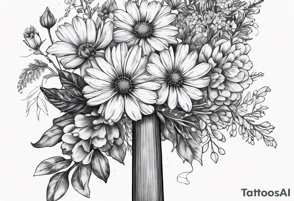 Bouquet of wildflowers tied to a broom handle tattoo idea
