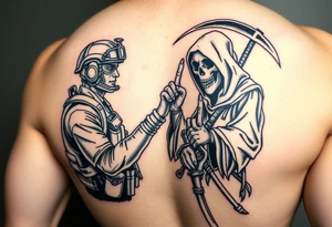 Special forces combat medic treating a soldier while he puts his middle finger up at the grim reaper tattoo idea
