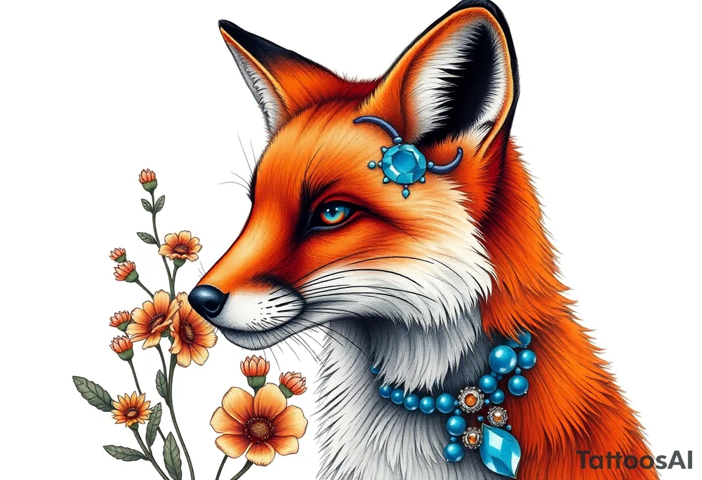 adult fox with blue jewelry smelling wild flowers tattoo idea