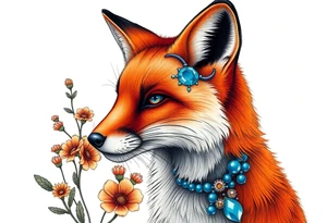 adult fox with blue jewelry smelling wild flowers tattoo idea