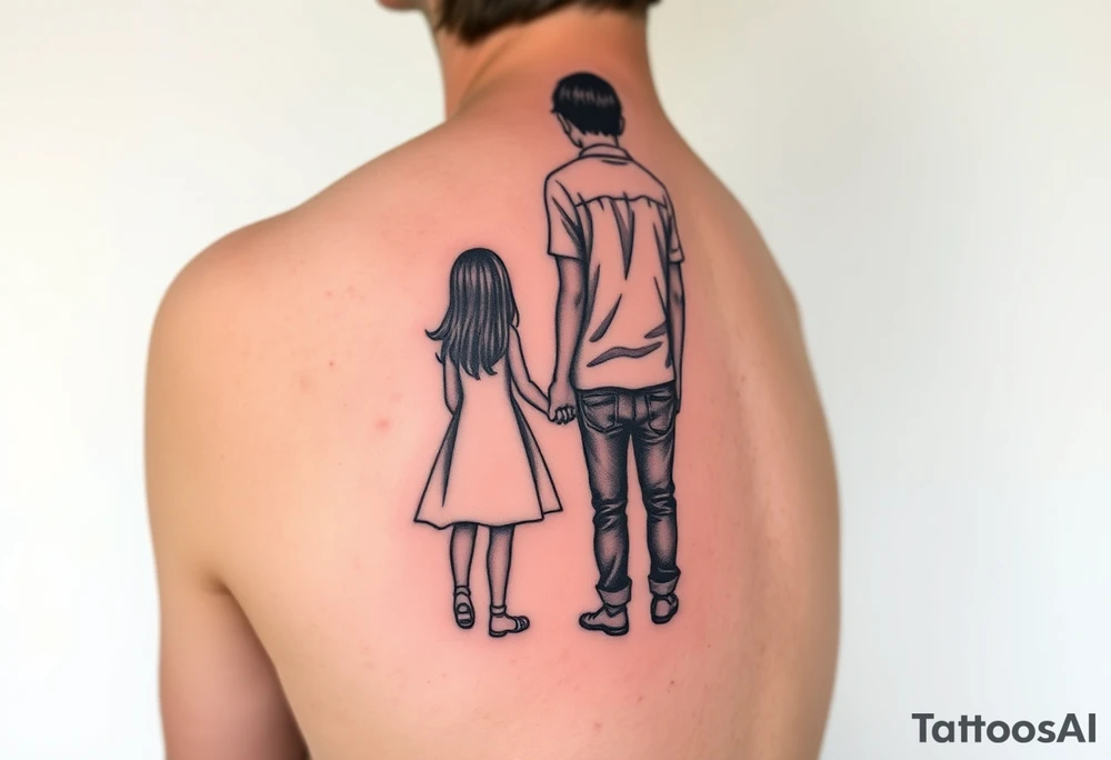 A tattoo on his forearm depicting a dad standing in the back and holding his daughter and son's hand together looking to the future. tattoo idea