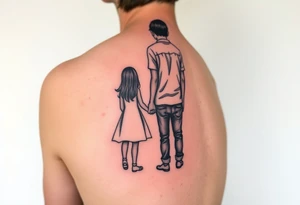 A tattoo on his forearm depicting a dad standing in the back and holding his daughter and son's hand together looking to the future. tattoo idea