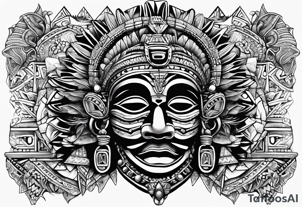 toroids, pyramids, Aztec teaky mask, native, full mask tattoo idea