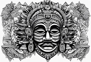 toroids, pyramids, Aztec teaky mask, native, full mask tattoo idea