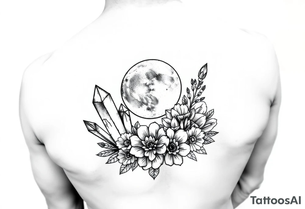 crystals and the moon and flowers tattoo idea