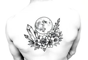 crystals and the moon and flowers tattoo idea