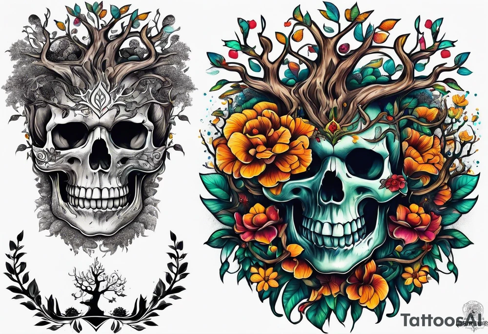 Tree of life growing out of skull tattoo idea