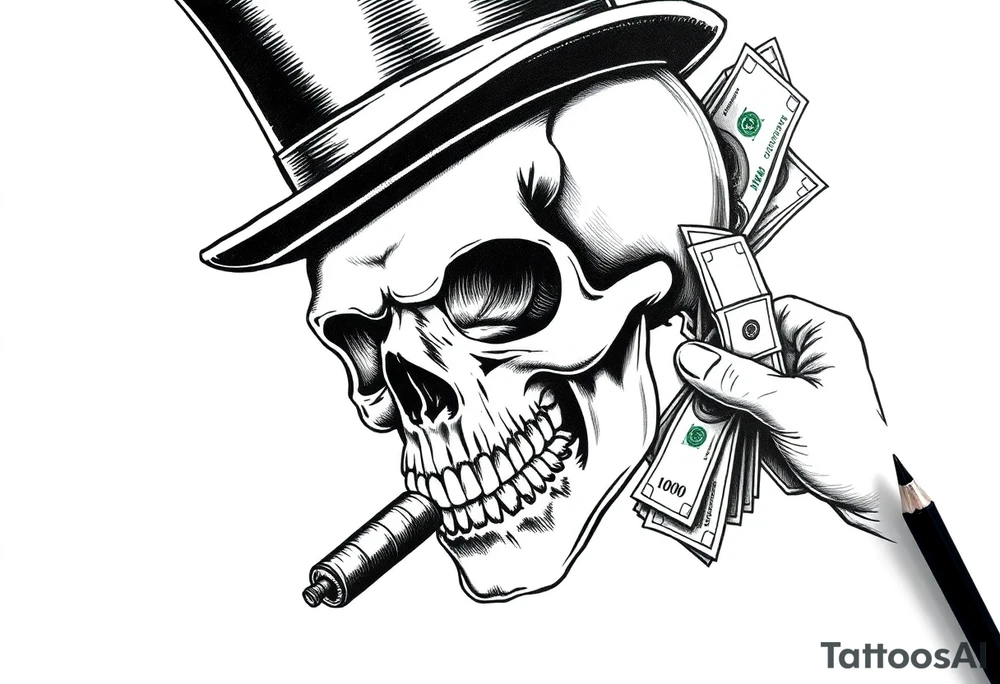 skull with mustache,a big cigar in his mouth,a top-hat on his head and alot of money in a hand. tattoo idea