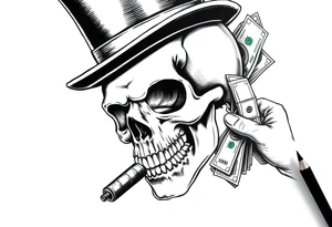 skull with mustache,a big cigar in his mouth,a top-hat on his head and alot of money in a hand. tattoo idea