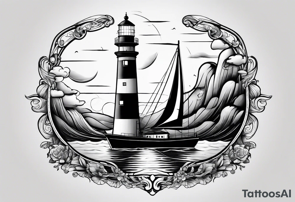 maritime lighthouse in a front view sailboat serving as a mast for a sail. tattoo idea