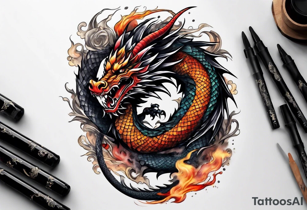 Full body black dragon wrapping around arm tattoo idea